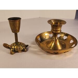 1 Vintage Tiny Turtle Brass Candlestick/ 1 Vtg Small Heart Brass Candlestick